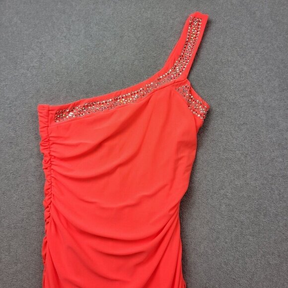 Vtg 90s Y2K Deb Dress Medium Neon Ruched One Shoulder Mini Sequin Bodycon New - Picture 4 of 11